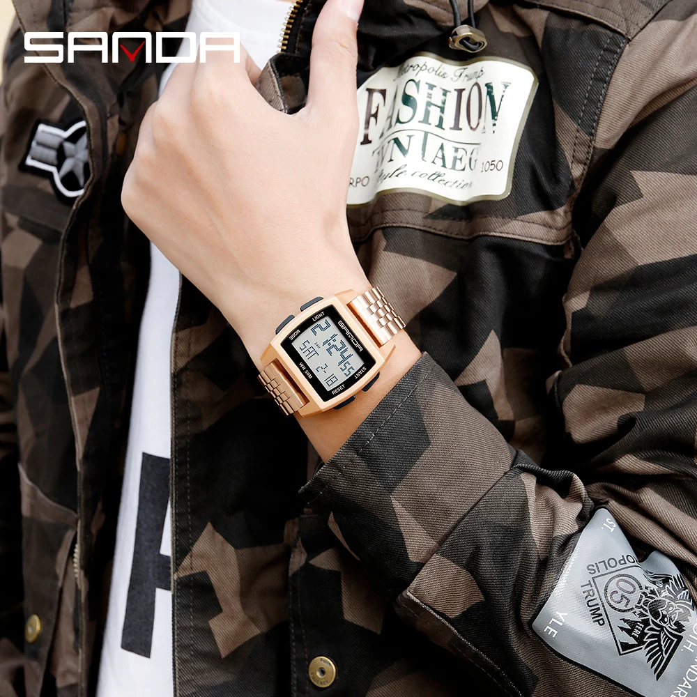 Часы SANDA мужские электронные спортивные светодиодные цифровые в стиле милитари с
