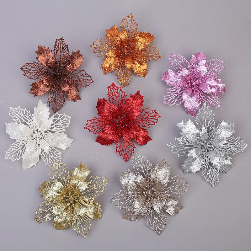 Christmas Poinsettia Glitter Flower Tree Hanging Xmas Party Tree Decoration Christmas Toys Crown On The Tree Top Fir Star images - 6