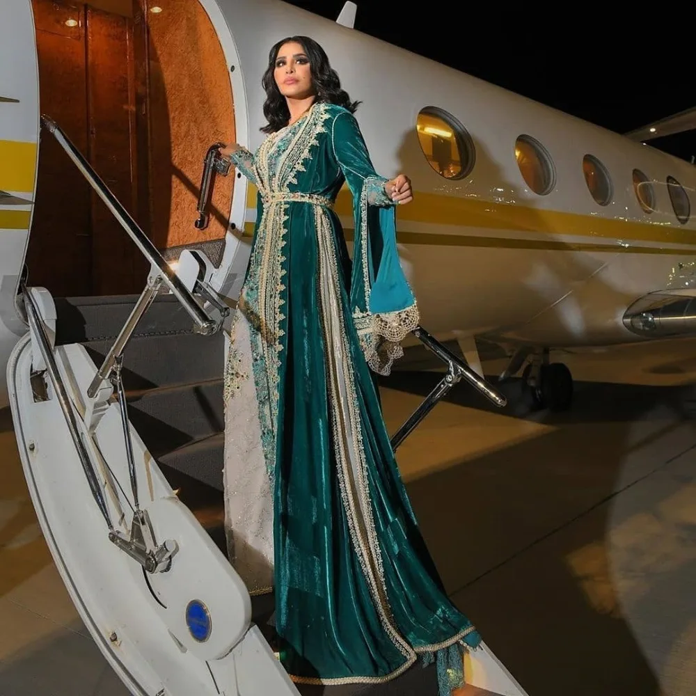 

Teal Moroccan Kaftan Caftan Muslim Evening Dresses A-line Long Sleeve Velvet Beading Dubai Arabic Turkey Abaya Islamic Gown