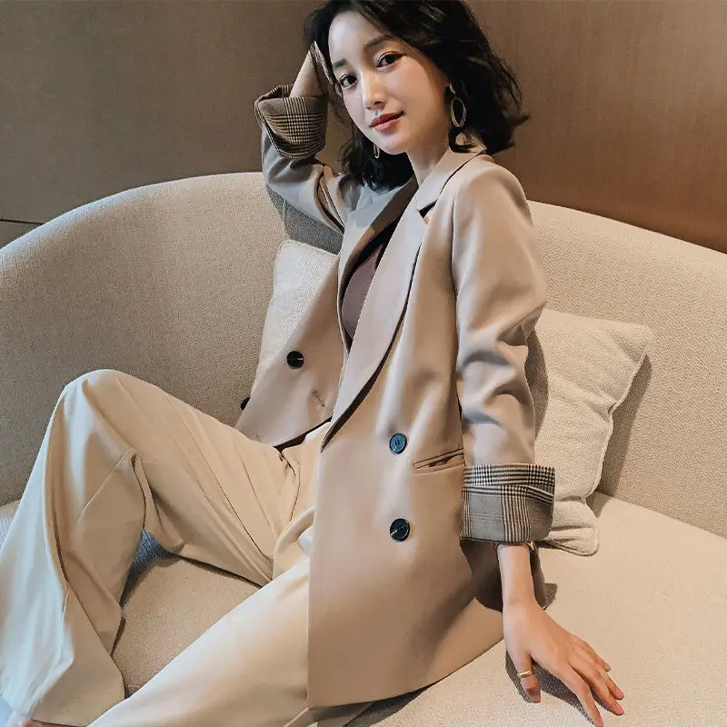

Women Elegant Office Work Jacket Ladies Double Breasted Blazer 2021 Autumn Casual Slim Fit Jacketes Solid Color Plus Size Coat