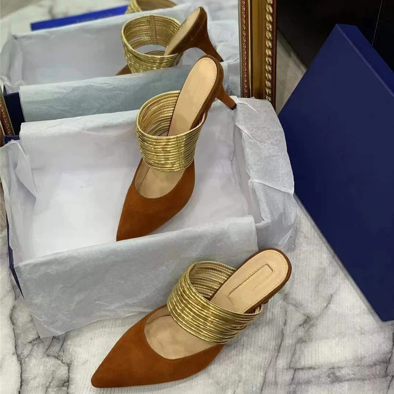 

Prowow Women Slippers High Heels Sexy Metal Decor Pointed Toe Slip on Ladies Party Shoes Fashion Designer Luxury Brand Newest