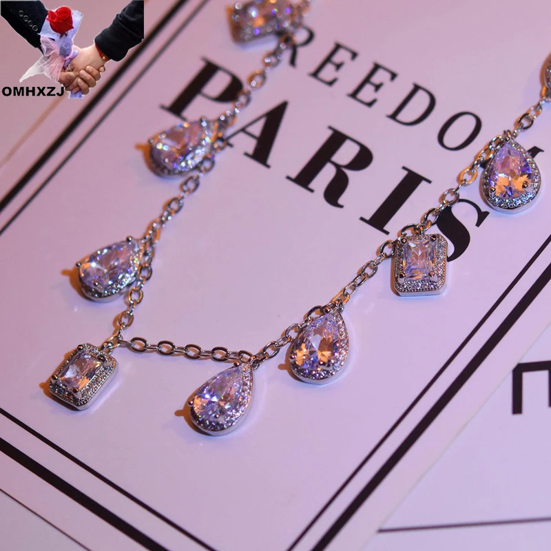 

OMHXZJ Wholesale NA677 European Fashion Fine WomanGirl Party Birthday Wedding Gift Water Drop AAAZircon 18KT White Gold Necklace