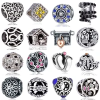 vintage silver color foot house lock heart crystal beads fit original charms pandora bracelet bead jewelry making