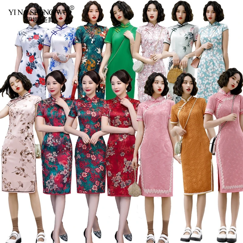 

New Vintage Buckle Stand Collar Women Qipao Classic Cheongsam Sexy Slim High Slit Mini Chinese Dress Plus Size Adult