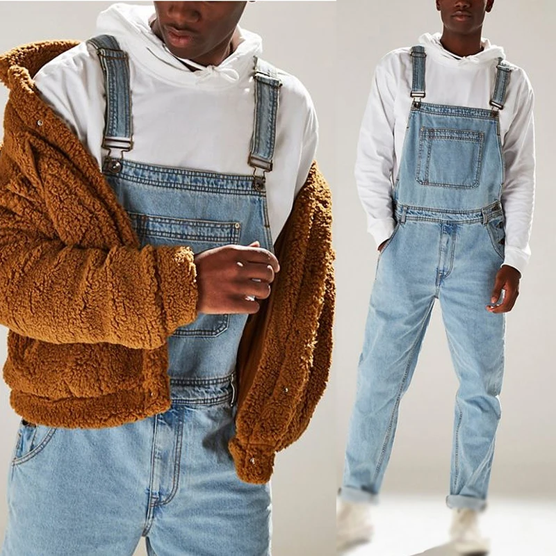 Винтажный Ретро Длинный комбинезон для мужчин Slim Fit Bib джинсовые карманы Модные Простые повседневные мужские джинсы