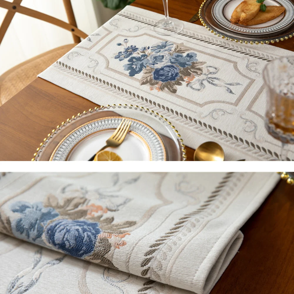 

High-end European flower table runner Chenille tassel household table cloth Polyester table cloth custom table runner