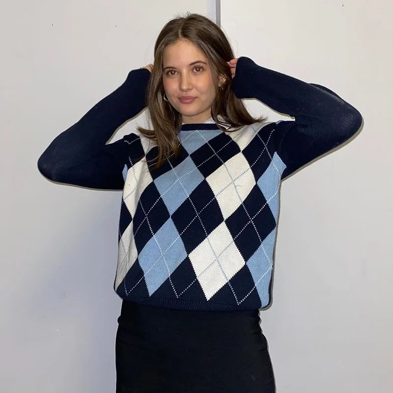 

England Style Geometric Knitted Sweater Women 2021 Fashion Plaid Autumn Warm Long Sleeve Vintage Pullover Tops Jumpers