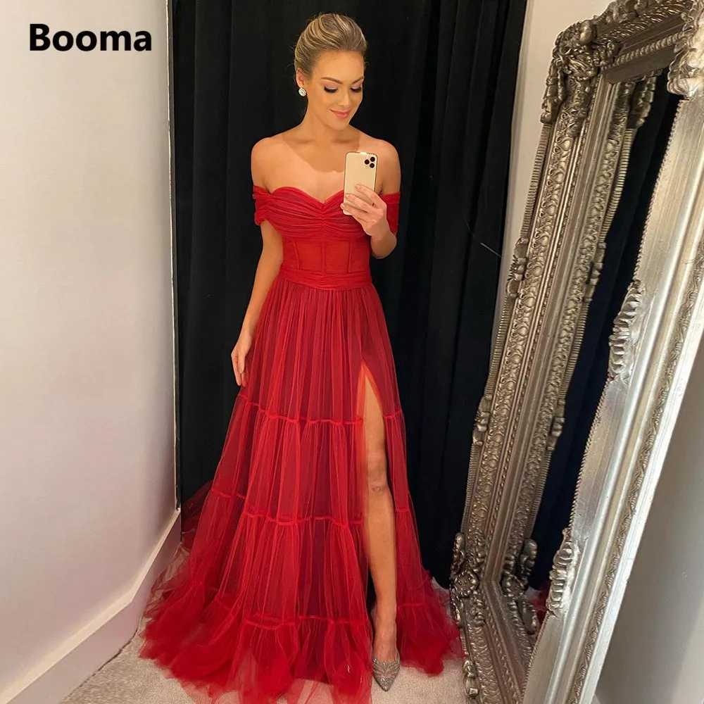 Booma Red Sweetheart A-Line Prom Dresses Off Shoulder Thigh-High Slit Tiered Tulle Evening Dresses Open Back Formal Prom Gowns