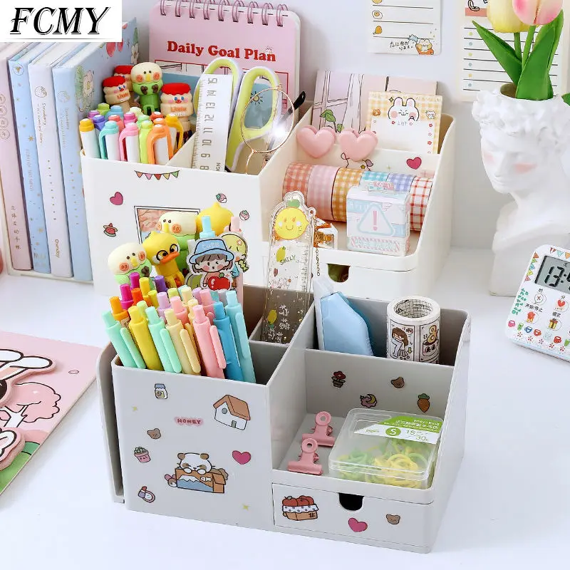

Kawaii ABS 2 In 1 Multifunctional Desktop Organizer Pen Holder Books Stand Holder Bookends Free Sticker School Stationery