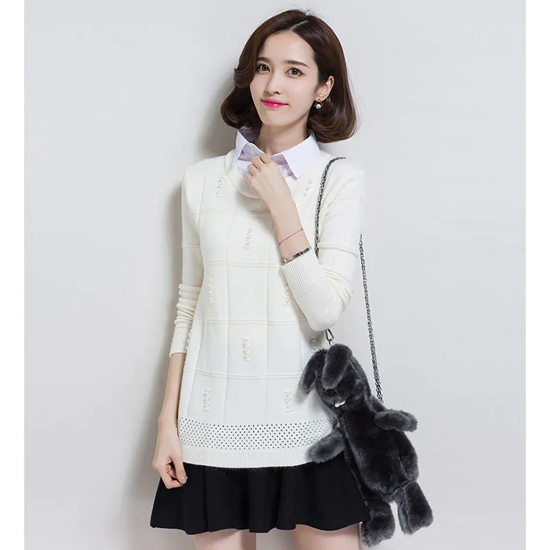Autumn Winter Knitted Sweater Women Fashion Shirt Collar Fake Two Pieces Medium Length Pullovers Female Tops W1844 | Женская одежда