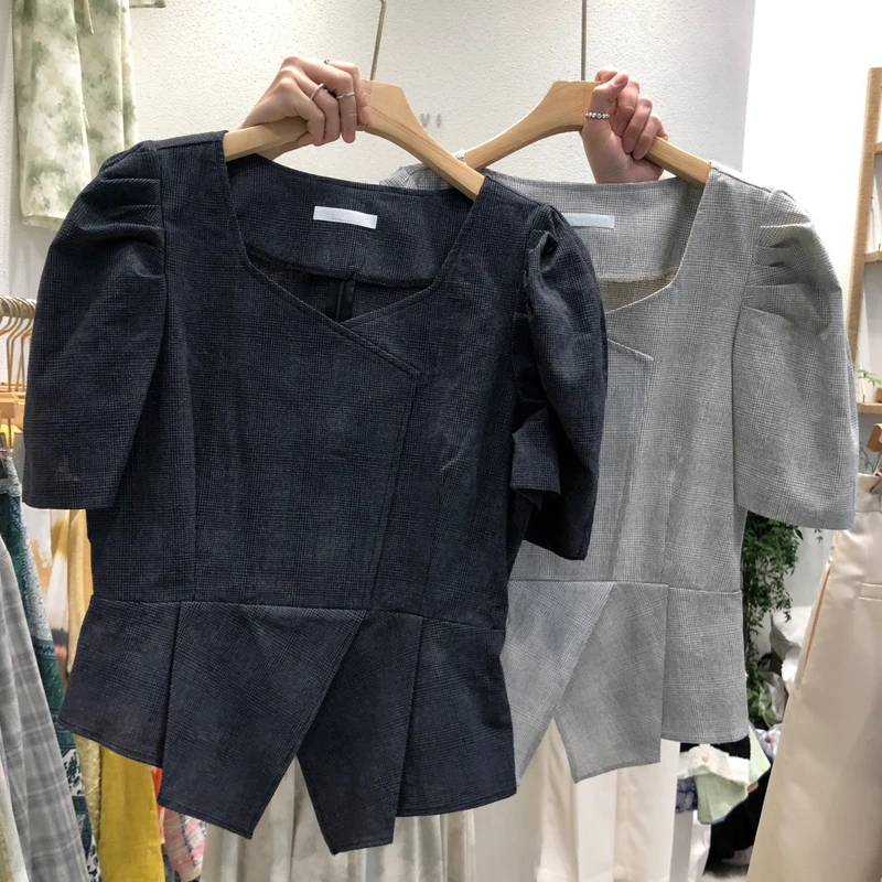 Блузка с квадратным вырезом рукавами-фонариками женские топы баской | Женская