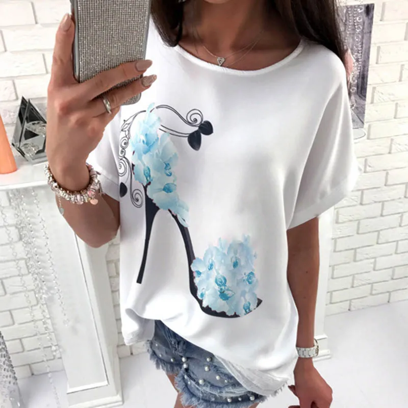 Рукав летучая мышь на высоком каблуке футболка с принтом топы короткими рукавами