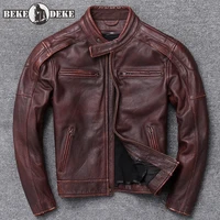 100 cowhide moto biker jacket men windproof stand collar slim fit vintage genuine leather jacket male short riding outwear coat