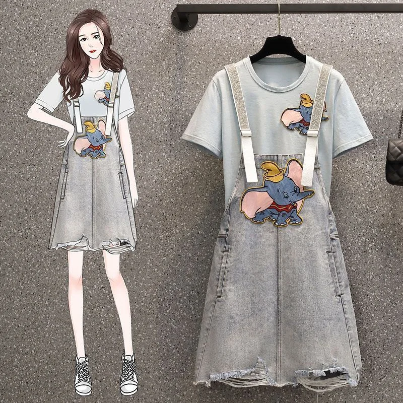 

M-4XL Women Dress Suit Summer Print Elephant Pattern Sequine Cotton T-Shirt + Denim Strap Dress Set