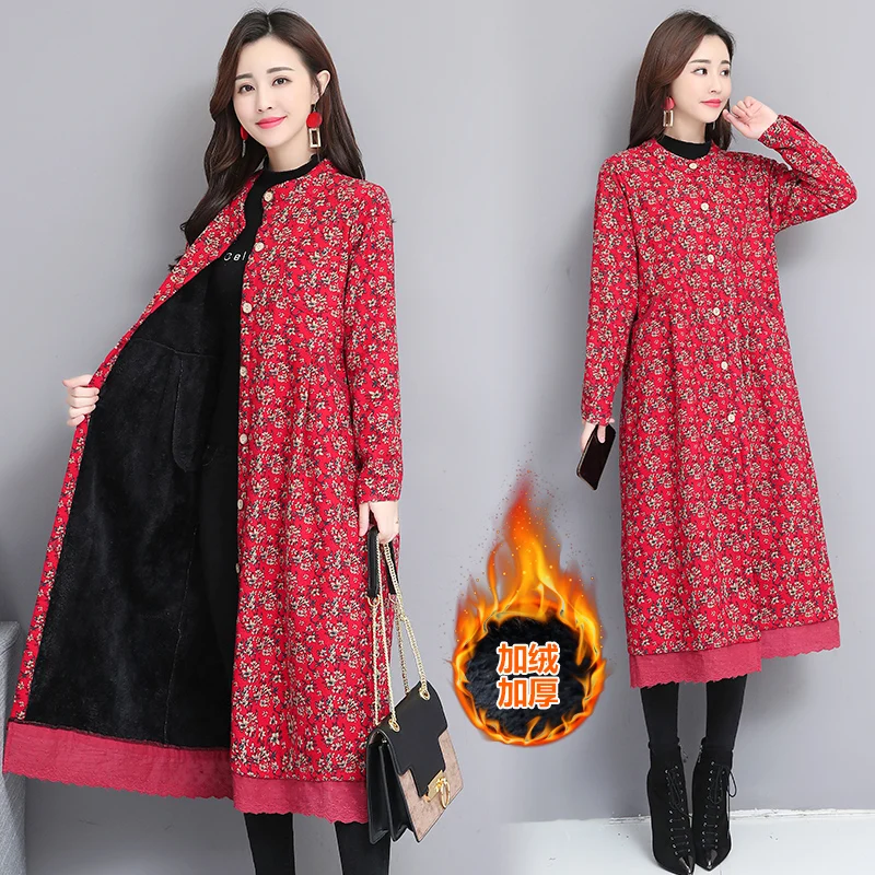 Винтажные Цветочные хлопковые льняные куртки женское осенне-зимнее пальто