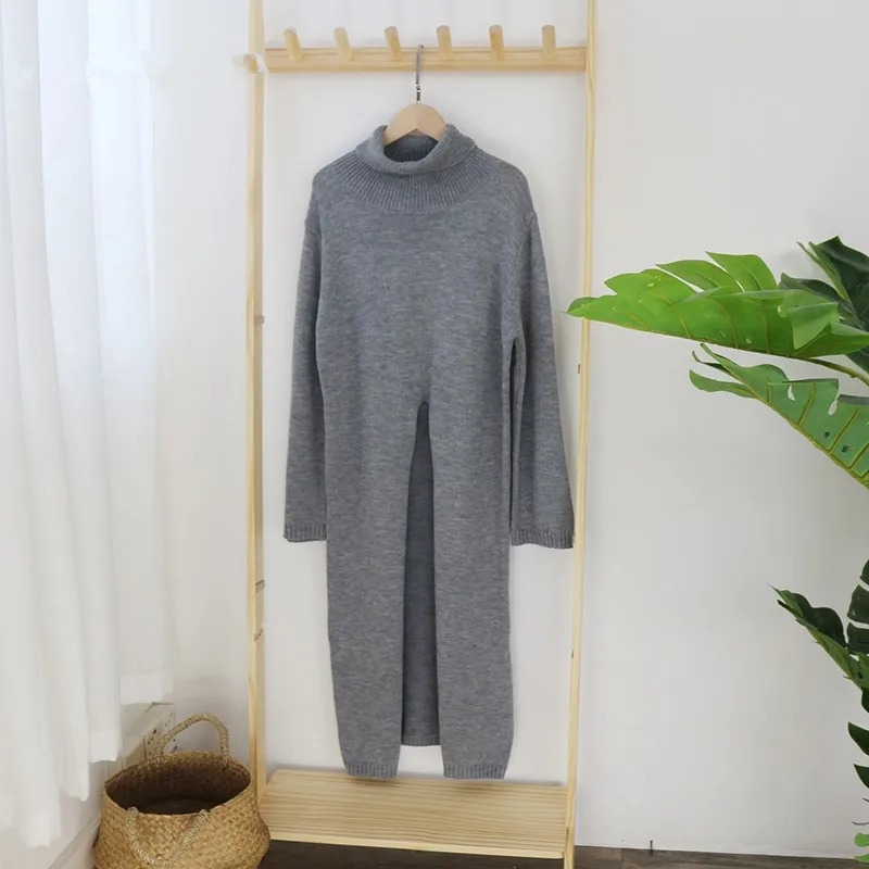 

Women Fashion Knitted Turtleneck Long Sweater Casual Black Front Split Office Loose Pullover Autumn Winter Women Elegant Sweater
