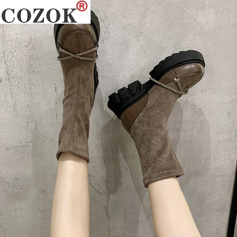 

Rimocy Fashion Crystal Strap Women Boots Winter Mid Calf Elastic Slip on Platform Boots Woman Thick Sole Faux Suede Botas Mujer