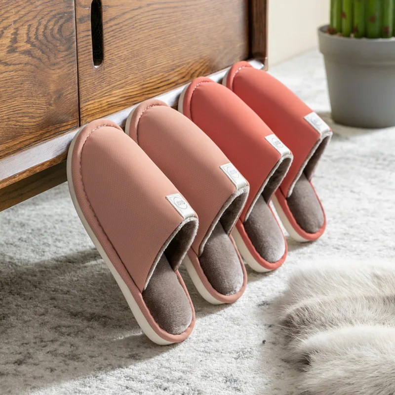 

PU Winter Indoor Women Slippers House Plush Soft Non-Slip Floor Shoes Home Slides For Bedroom Couples New Arrival