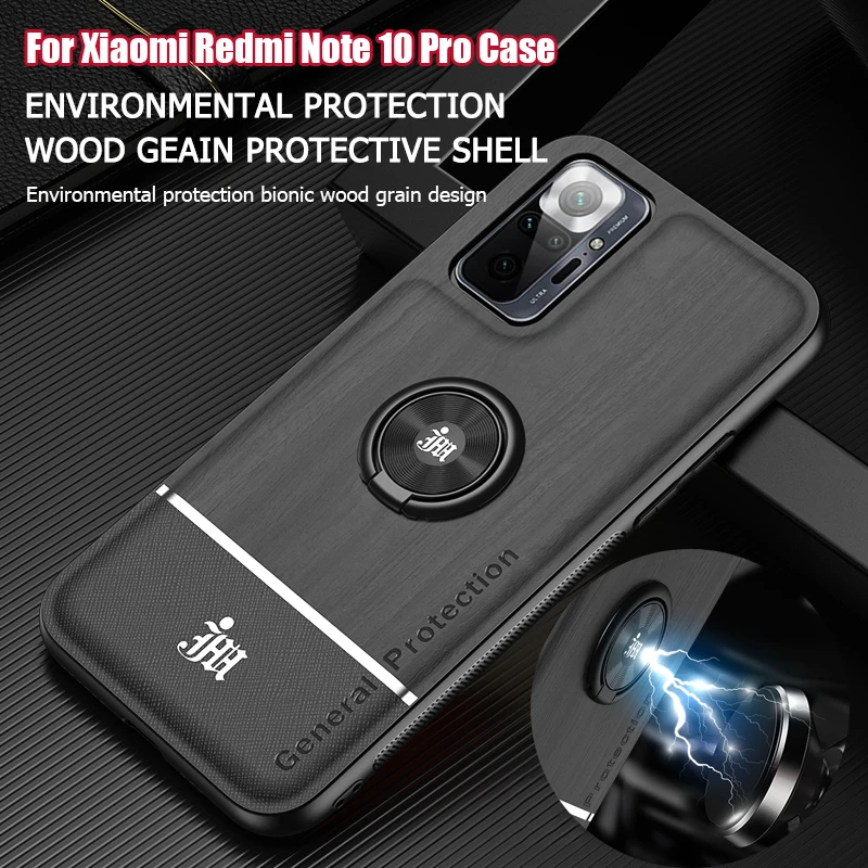 

Bionic Wood Grain Mobile Phone Back Case For Xiaomi Redmi Note 10 Pro Max 10S 4G Car Magnetic Adsorption Ring Bracket Cover
