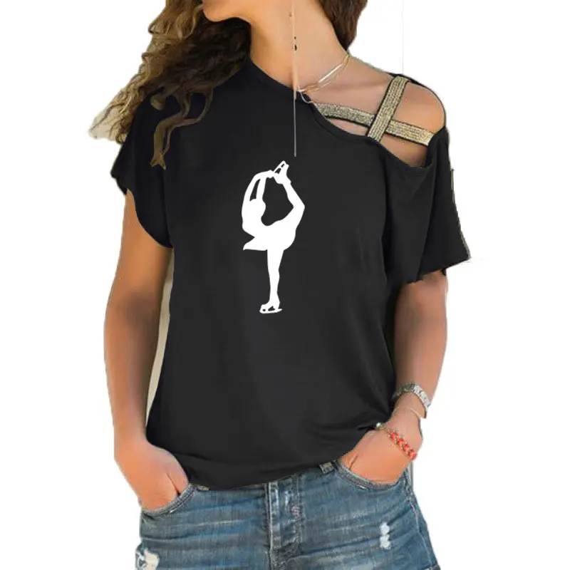 

Женская футболка с принтом фигурного катания, новая модная футболка с коротким рукавом для девушек, асимметричная бандажная футболка с косым перекрестным узором, топы