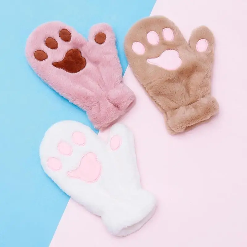 Женские зимние плюшевые перчатки с медведем кошачьими лапами и когтями милые