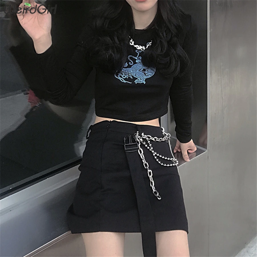 Weirdgirl, женские футболки с принтом дракона, модные, с круглым вырезом, с длинным рукавом, тонкие, Harajuku, женские топы, Новое поступление, Осенние футболки