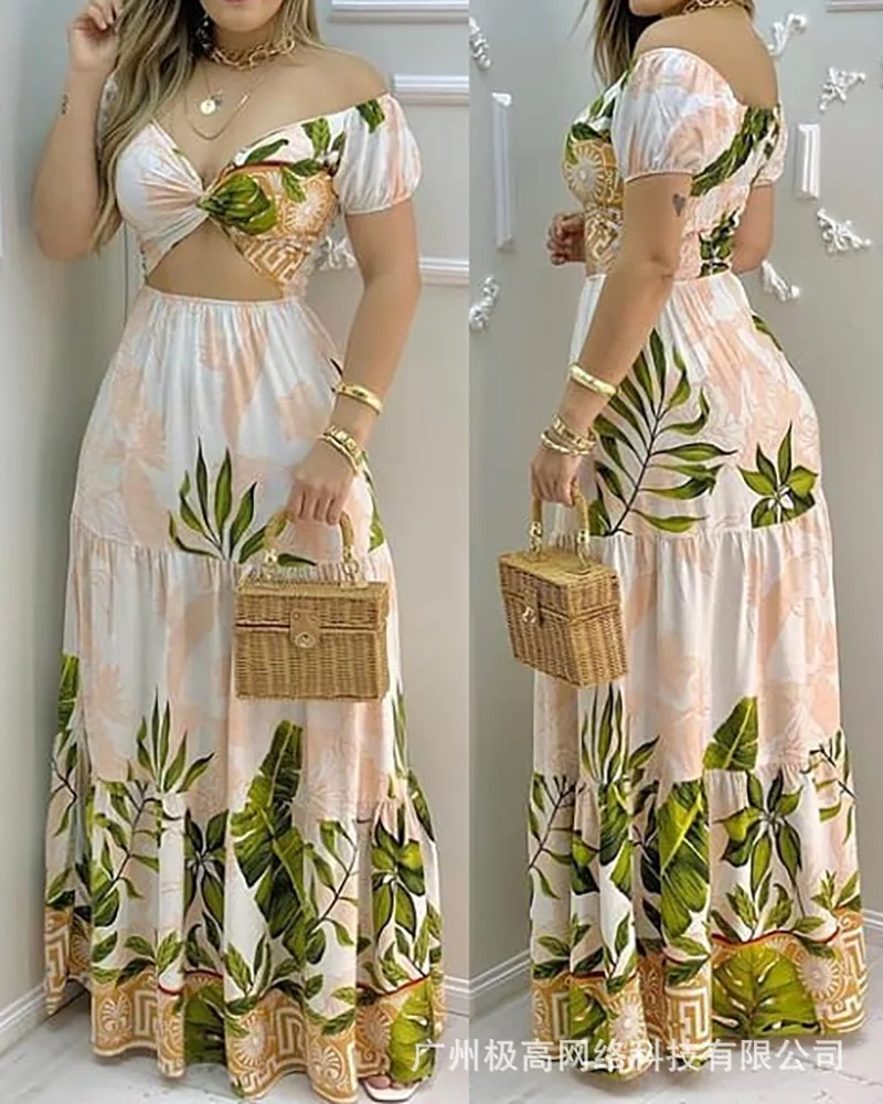 

Vintage Color Printing Holiday Style Hollow Beach Long Dress 2021 Summer