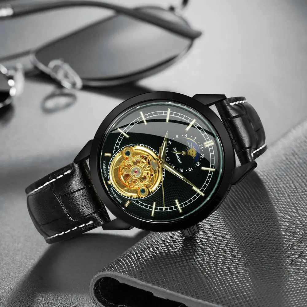 FORSINING черные Автоматические часы мужские механические с скелетом Tourbillon