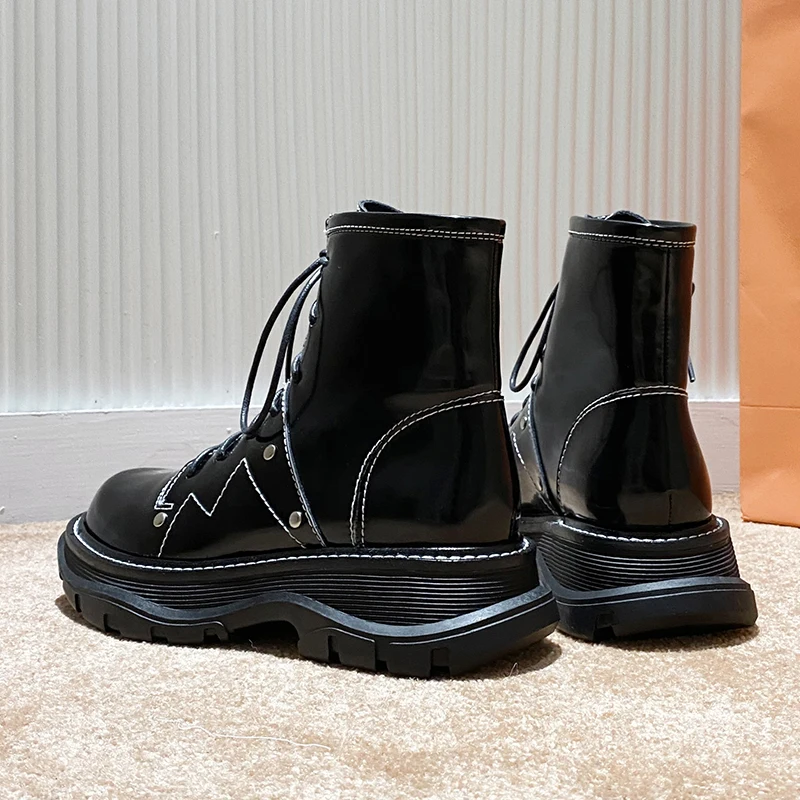 

EshtonShero Spring Winter Women Med Heel Lace Up Boots Round Toe Shoes Woman Platform Black Ladies Motorcycle Boot Size-3-8