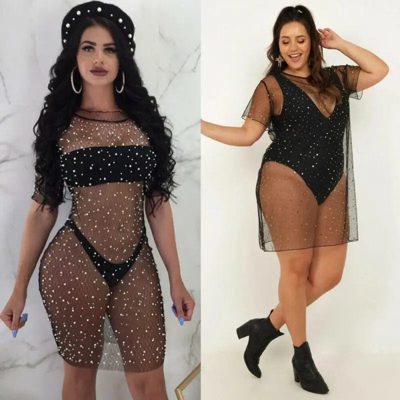 Женское Прозрачное мини-платье Пляжная сетчатая прозрачная накидка на бикини с