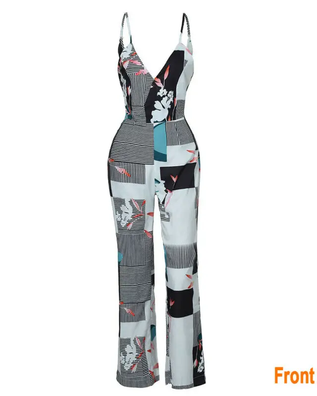 Женский полосатый комбинезон с геометрическим принтом и V образным вырезом