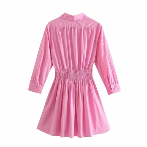 BBWM 2021 Pink Mini Shirt Dress Women Elegant Long Sleeve Elastic Waist Office Laay Summer Dress Woman Fashion Poplin Dresses