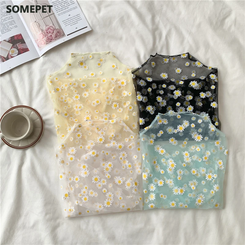 

Summer Autumn Women Casual Mesh Pattern Daisy Flower Printed Blouse Tops Girls Mesh Shirts See Through Shirt For Female