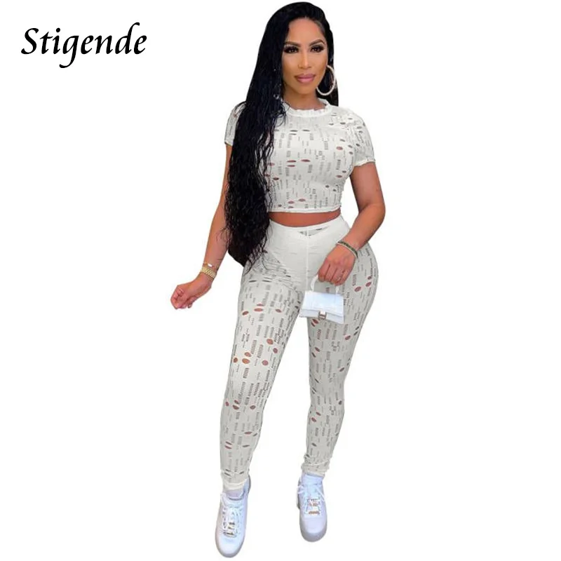 

Stigende Women Sexy Hollow Out Two Piece Pants Set O Neck T Shirt Crop Top and Leggings Sexy Bodycon Hole 2 Pcs Tracksuit