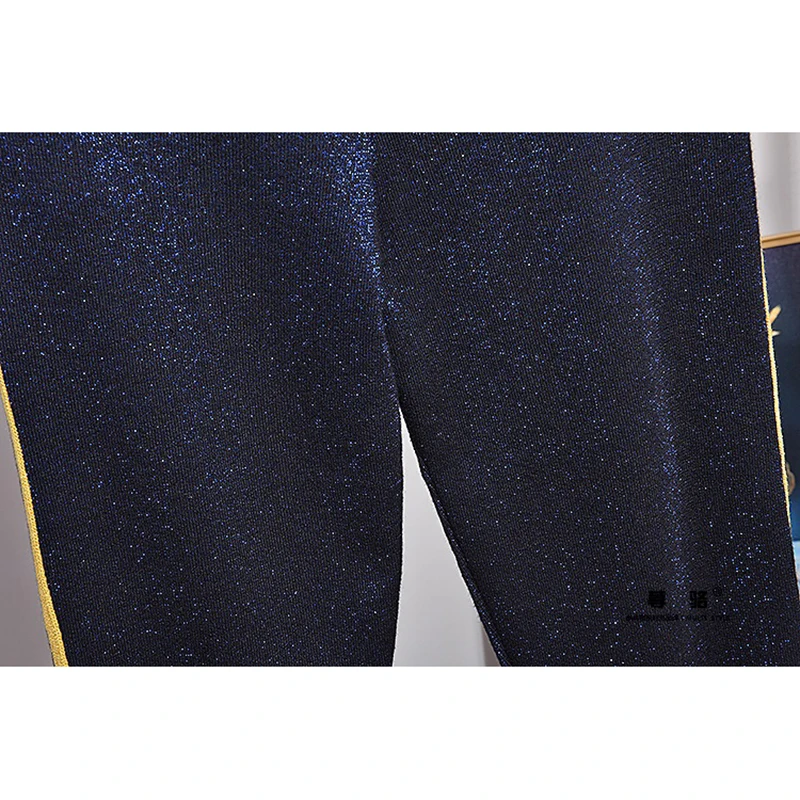 

Dark Blue Bright Silk Gold Stripe Tracksuits Women Set Loose Casual Knitted Cardigan Sweater Long Pants Two Piece Outfits Female