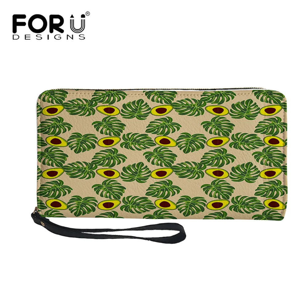 

FORUDESIGNS PU Leather Women Wallets Fashion Long Wristlet Purse Avocado and Tropical Leaves Printed Lady Zipper Coin Money Bags