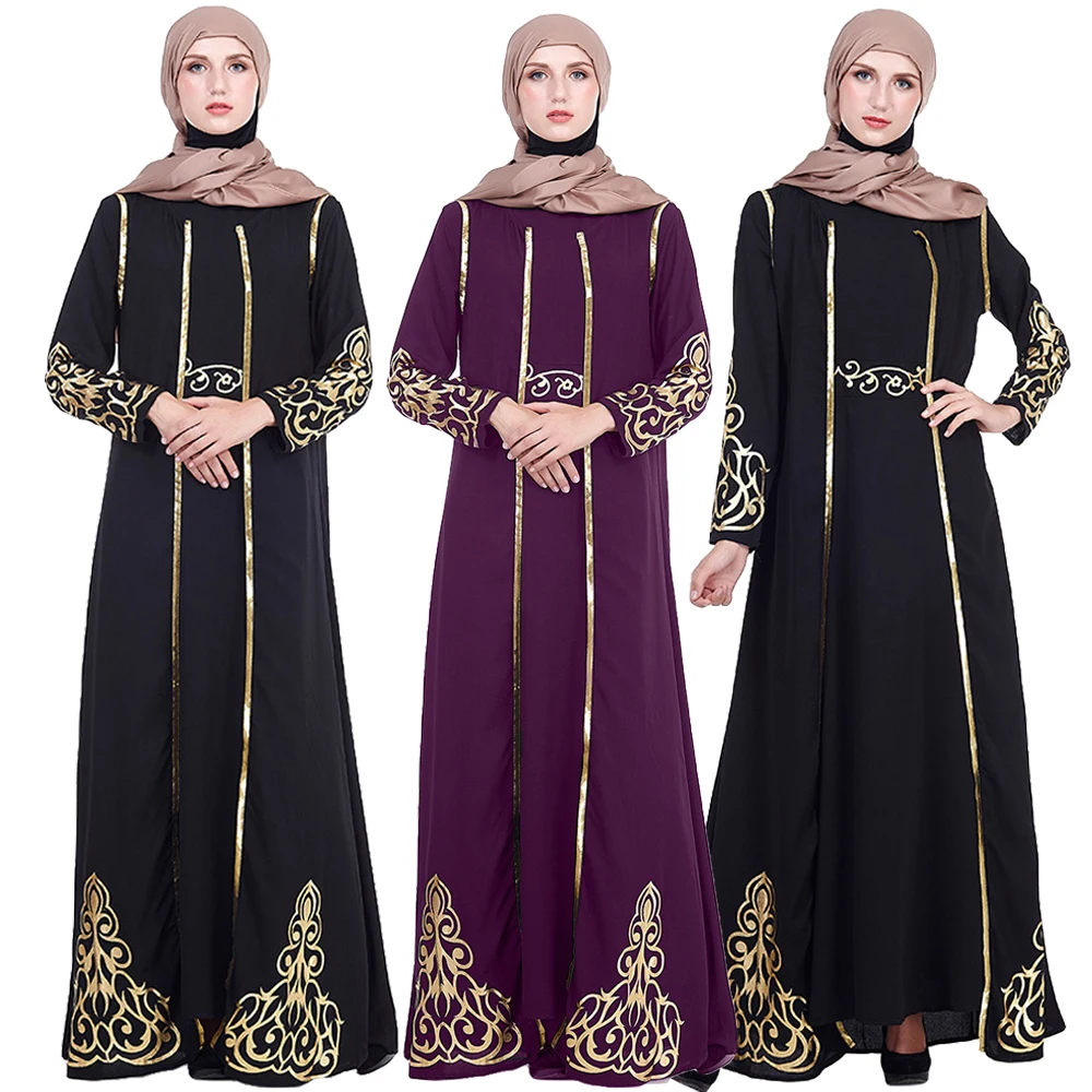 

Elegant Muslimah Hot Stamping Abaya Turkish Singapore Full Length Two Pieces Jilbab Dubai Female Muslim Islamic Dress Ramadan