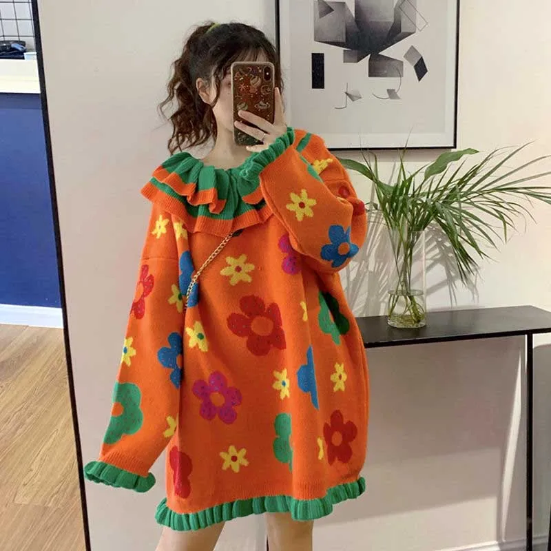 

NiceMix sweater skirt, loose knit flower pattern cute, flounces, doll collar, loose, girls, spring and autumn and winter