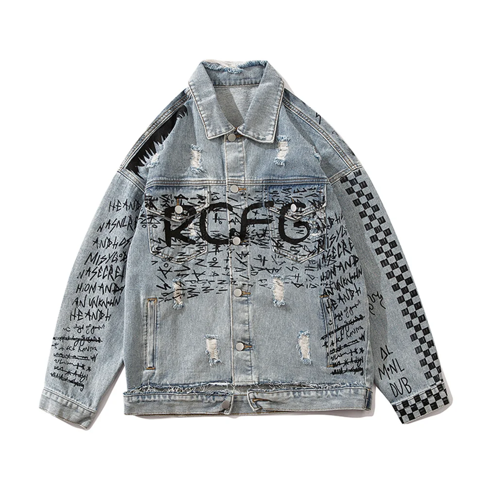

Hip Hop Mens Harajuku Streetwear Denim Jacket Cartoon Printed Bomber Jacket Denim 2020 Autumn Washed Cotton Jacket Coat Jean