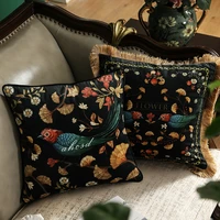 2022 cushion cover square pillow case artistic european garden flora bird black luxury velvet coussin sofa chair decorating