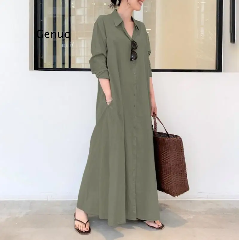 

2021 Women Shirt Dress Autumn Lapel Neck Long Sleeve Maxi Sundress Elegant Office Work Solid Long Vestidos