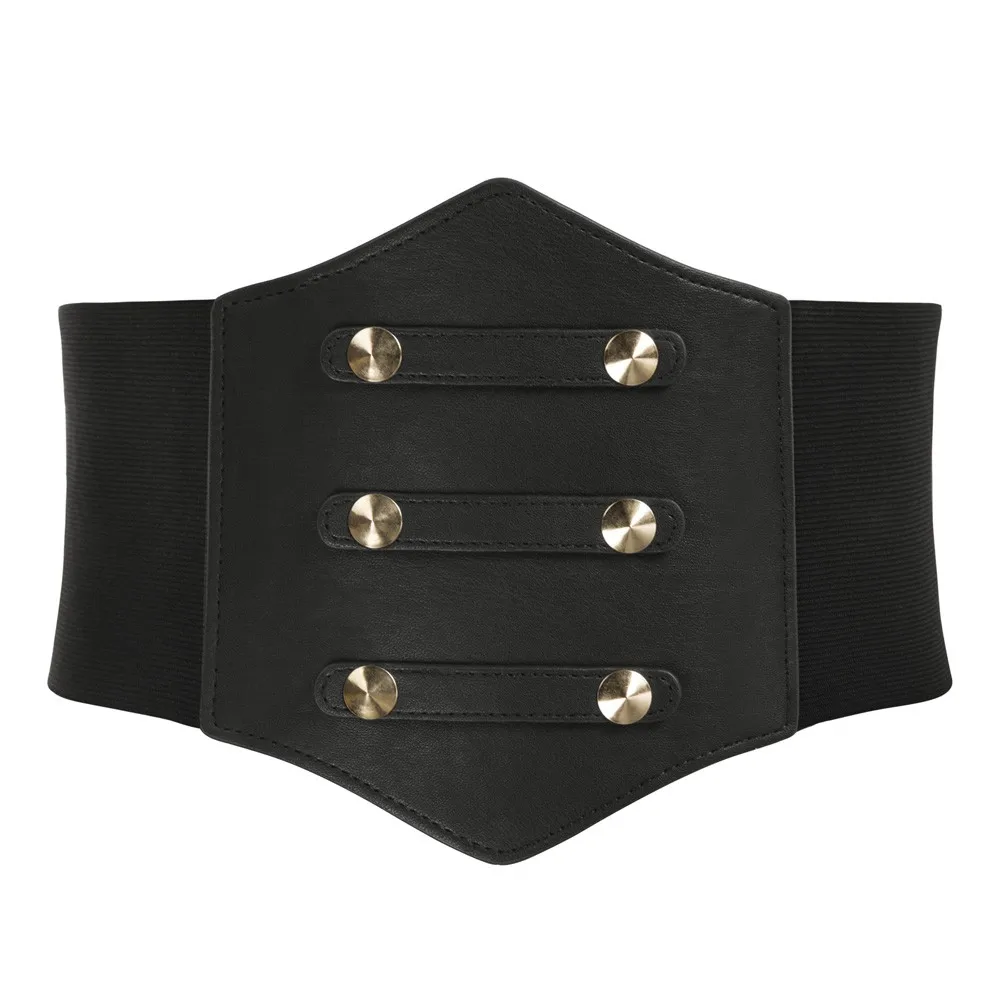 

Women Wide Waist Belt Ladies Polyurethane Leather Patchwork Elastic Waistband Punk Gothic Girls Metal Buckle Stretchy Waistbelt