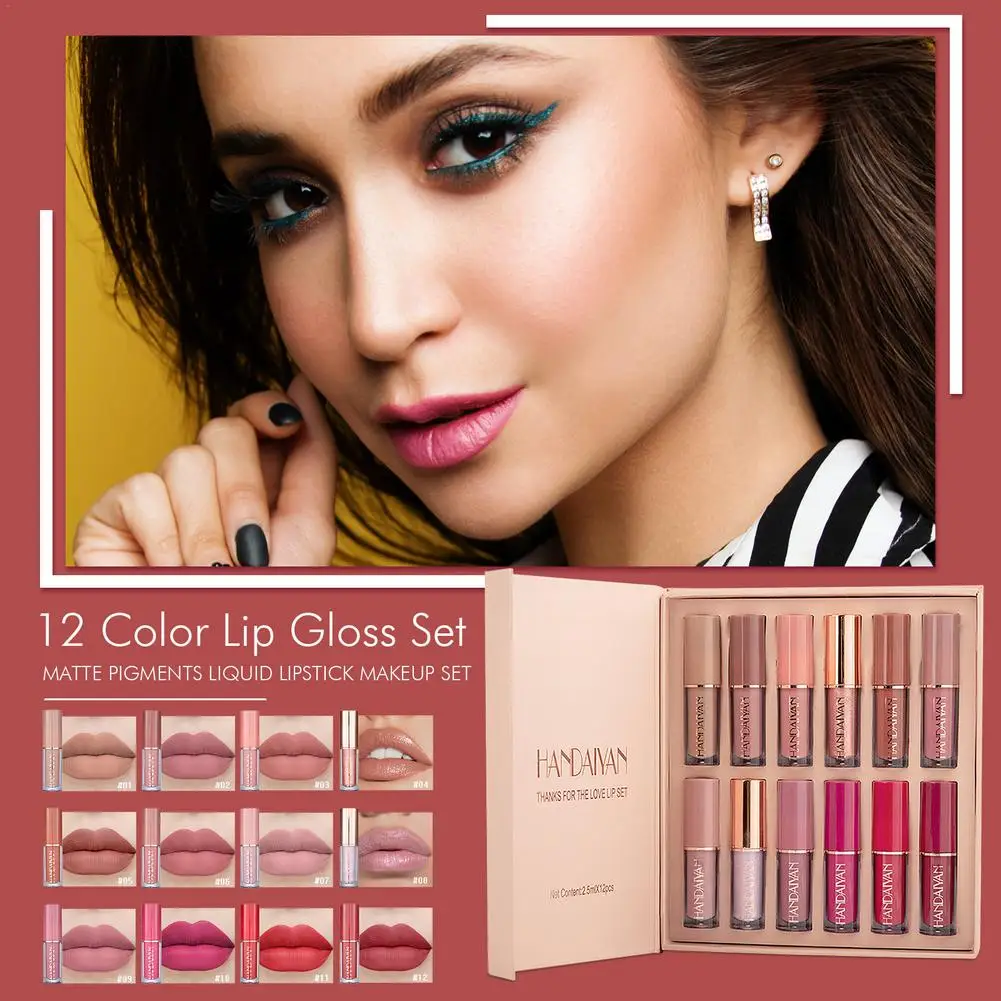 

Набор жидких помад 12 цветов, матовый блеск для губ, водостойкий блеск для губ, длинный красный сексуальный тинт для губ, глазурь, антипригарн...