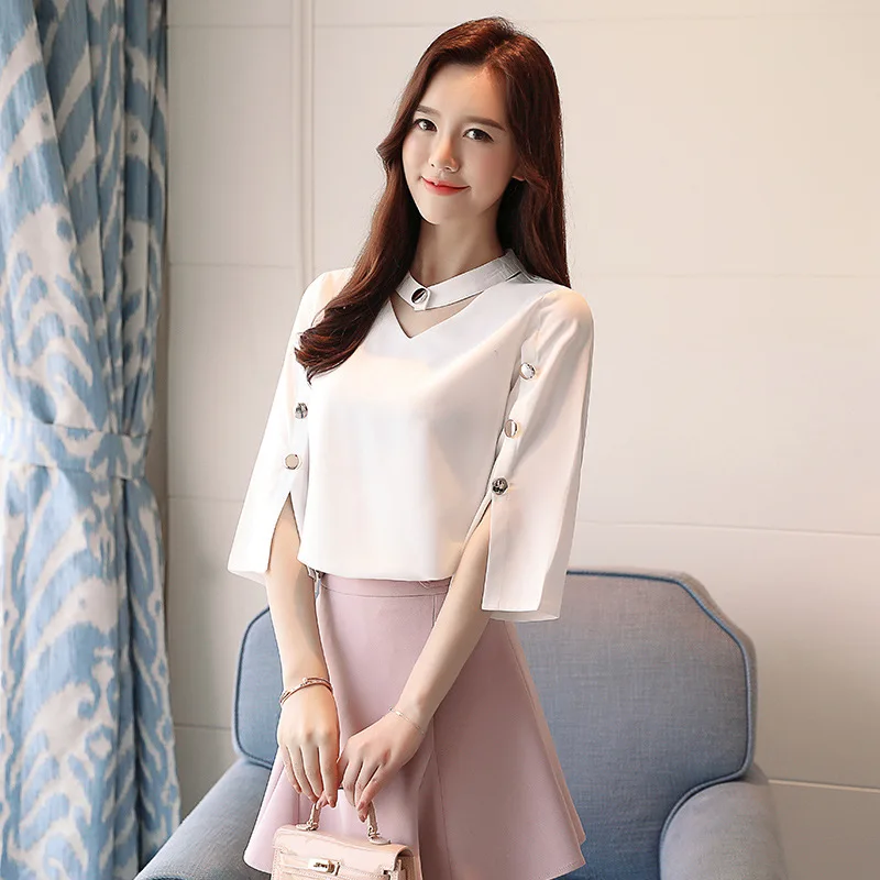 Женская шифоновая блузка на пуговицах однотонная свободная Элегантная с