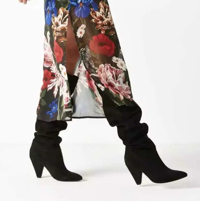 

Prova Perfetto Newest Black Suede Pointe Toe Spike Heel Knee High Boots Females Pleated Design Slip on Sexy Runway Long Boots