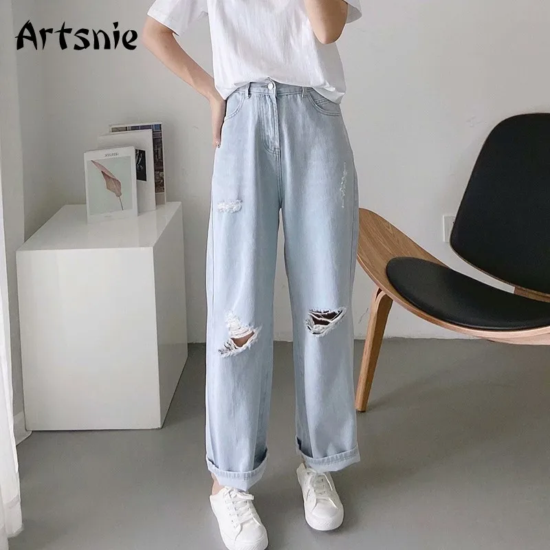 

Artsnie blue vintage hole jeans women winter 2020 high waist pockets loose denim long pants femme straight sweet jeans mujer