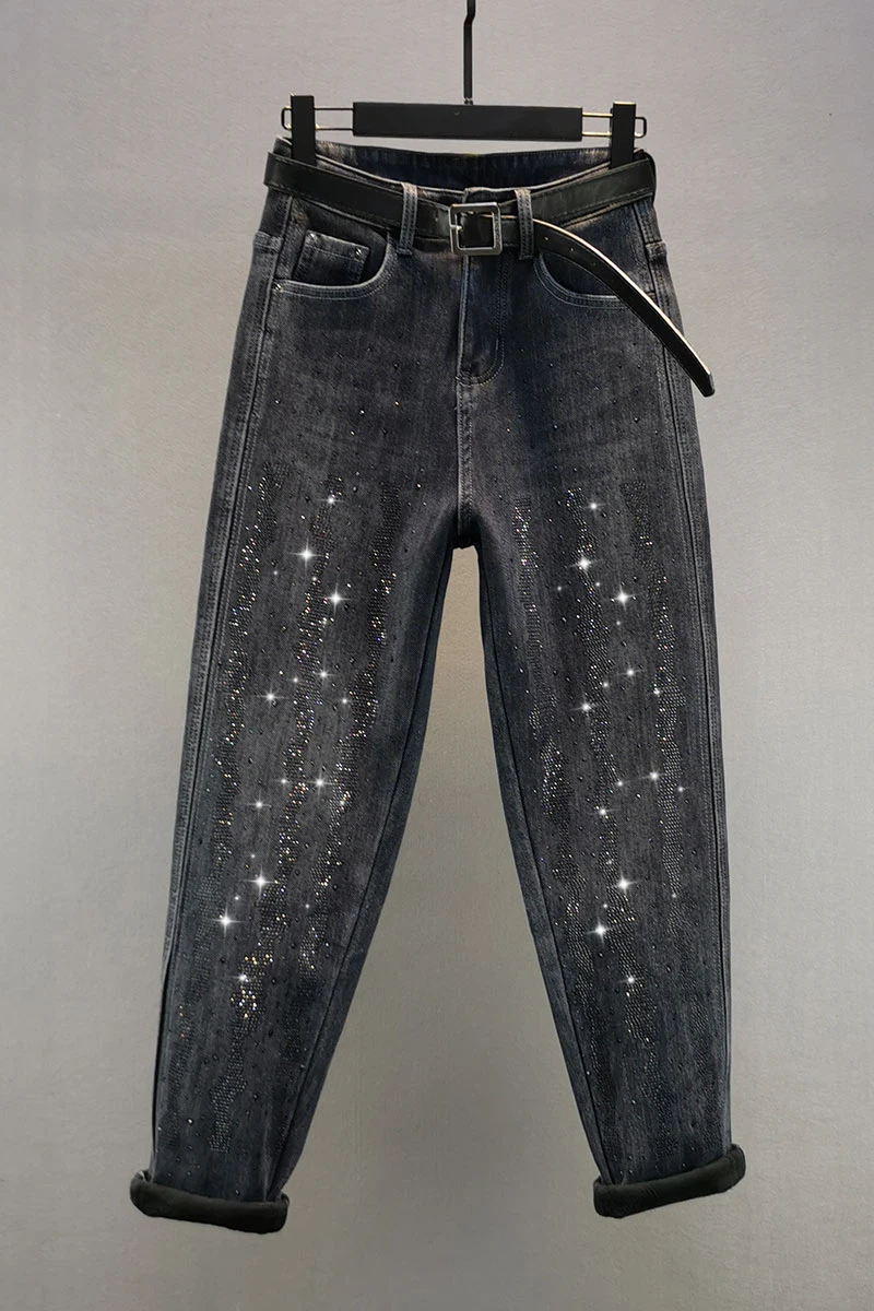 

Fleece Thick Warm Jeans for Women's 2020 Winter New High Waist Loose Rhinestone Harem Pants Fashion Girls Denim Trouser Jeans