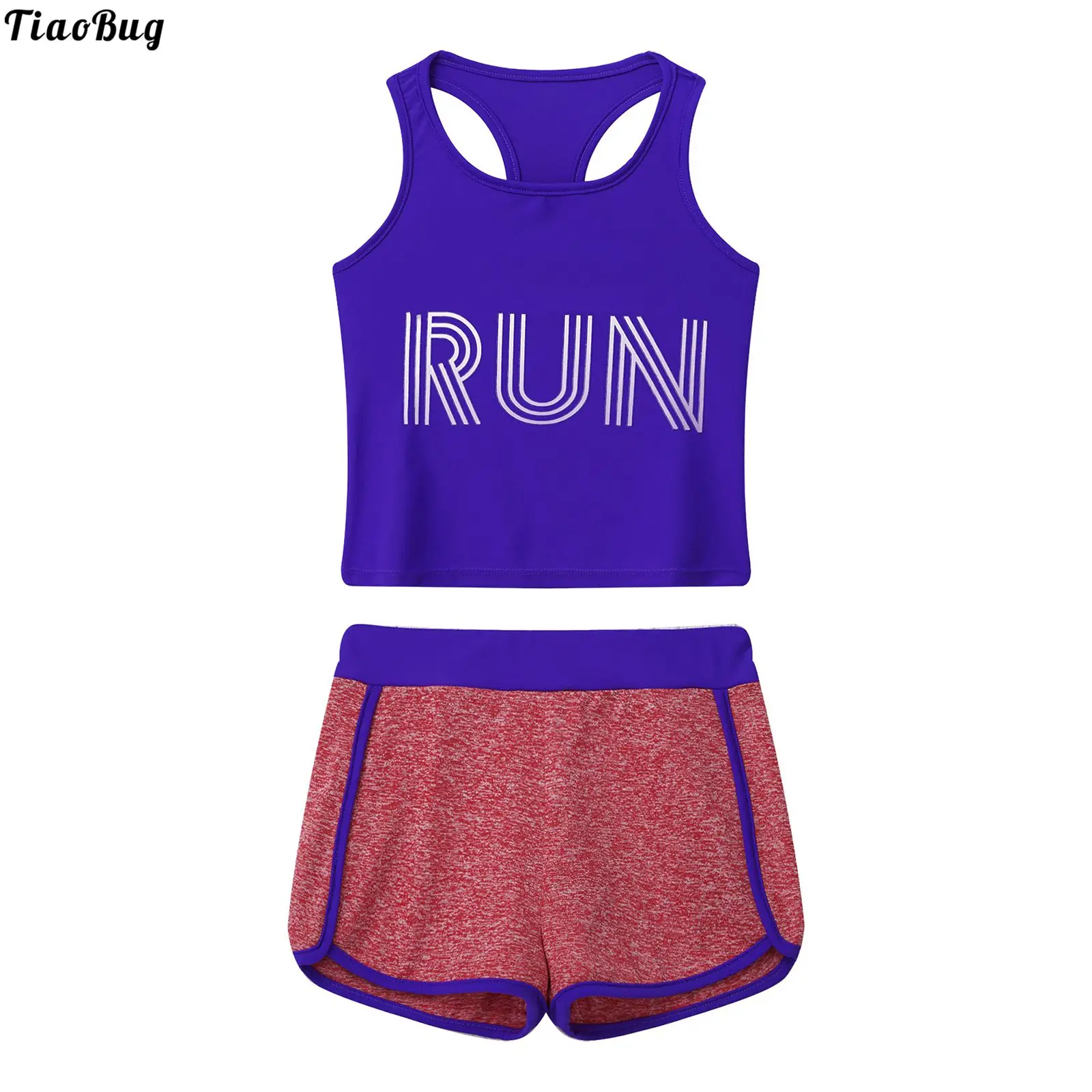 

TiaoBug Summer 2Pcs Kids Girls Sport Outfit Round Neck Sleeveless Racer Back Run Print Vest And Shorts Set Sportswear Tracksuit