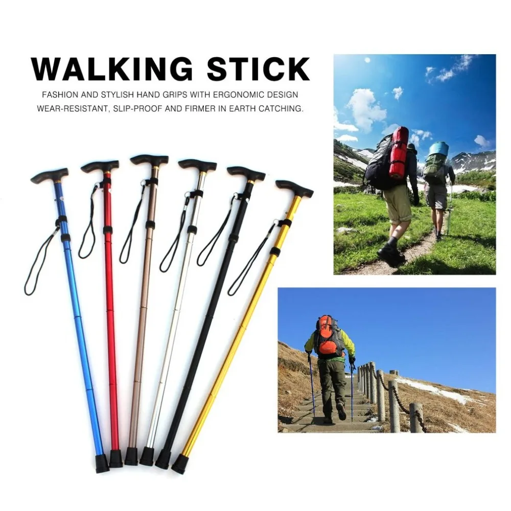 

New Aluminum Metal Four Sections Walking Stick Easy Adjustable Foldable Collapsible Travel Cane Camping Trekking Stick