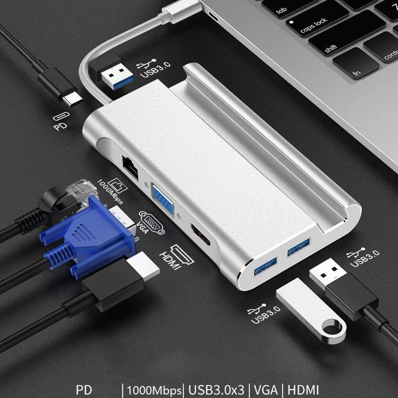 7 в 1 USB C 3 Тип до 4K совместимому с HDMI VGA Rj45 Gigabit Ethernet портами (стандарт 0 Порты и